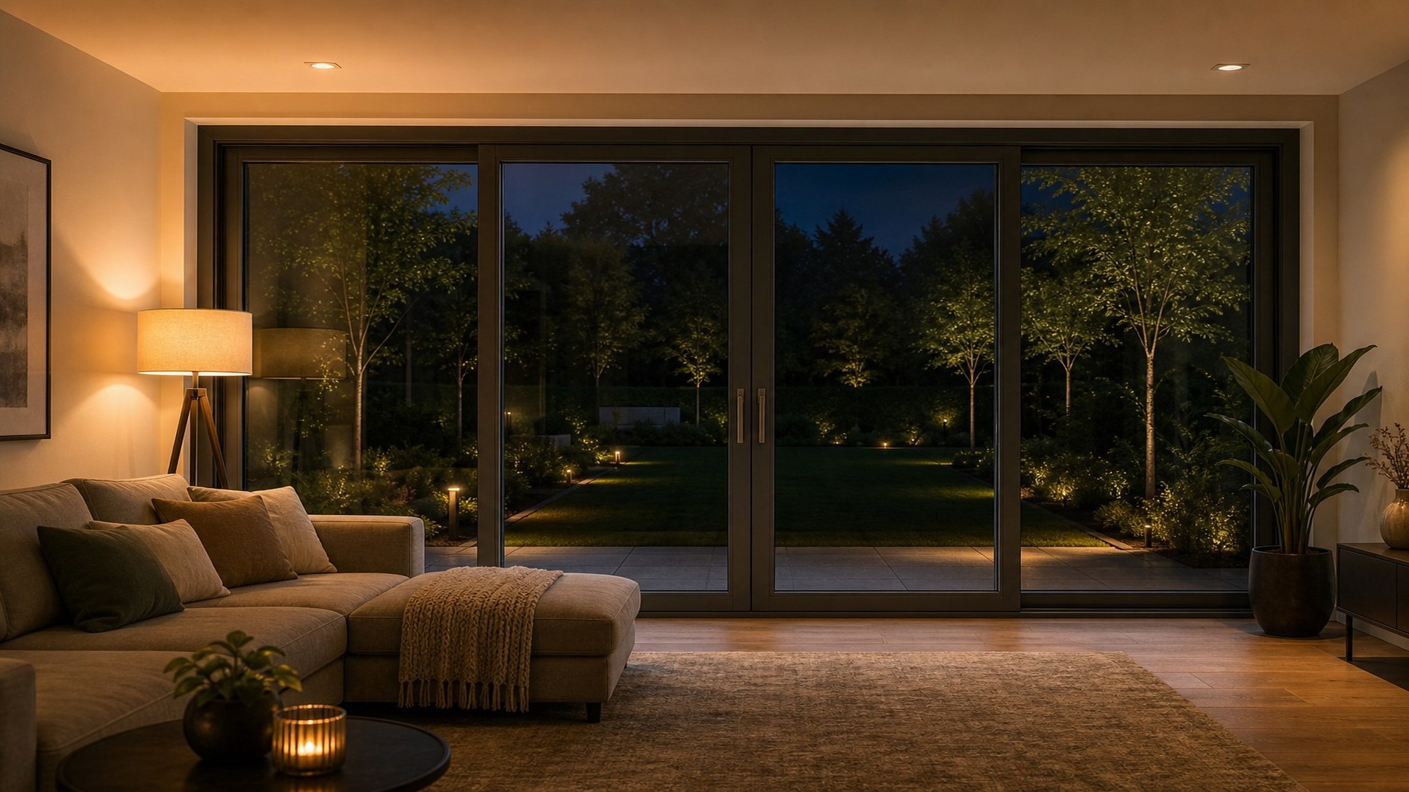 Night-time living room with a sealed aluminium lift and slide door