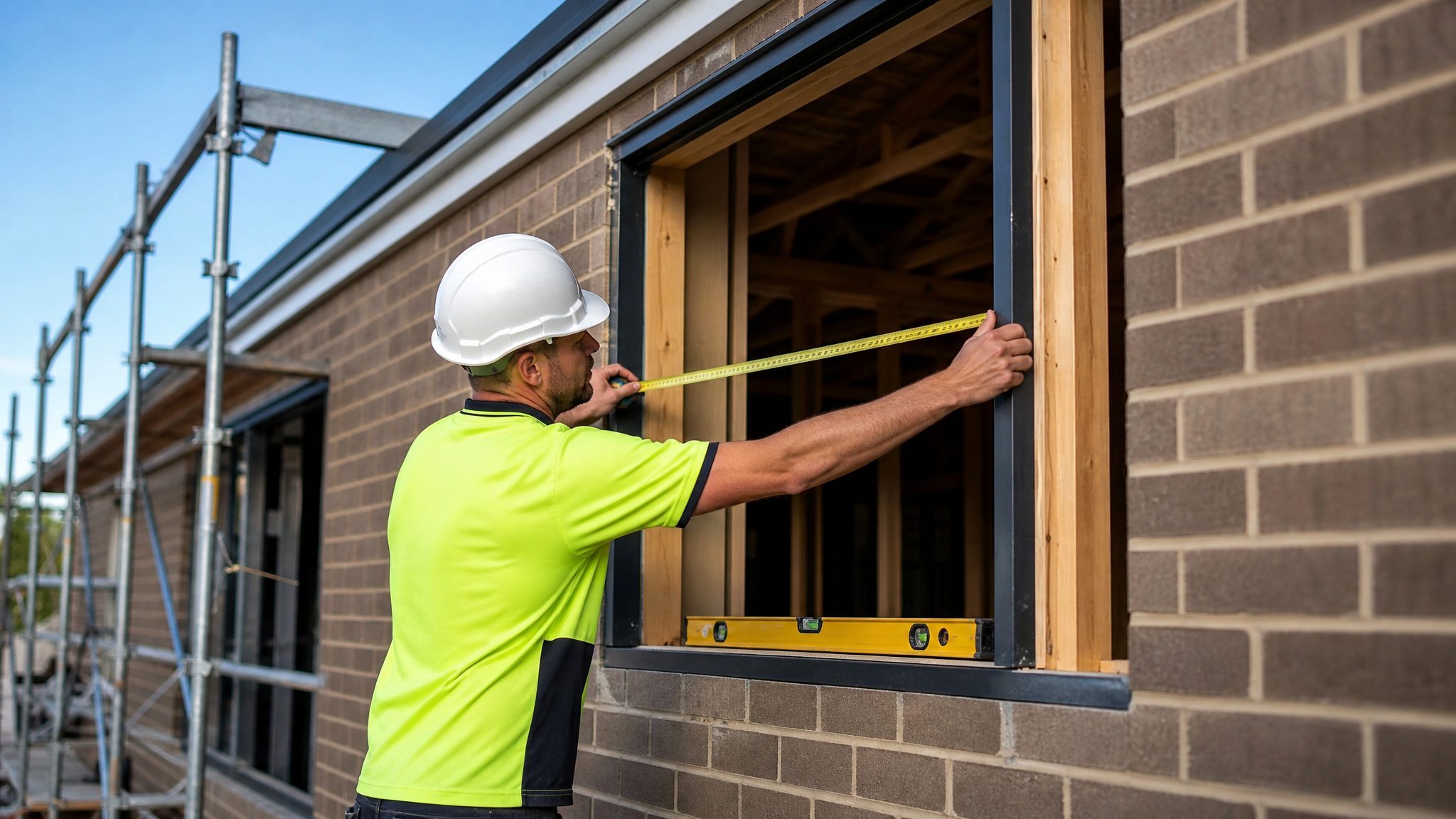 Builder measuring a window rough opening on a brick veneer wall with a tape measure and spirit level