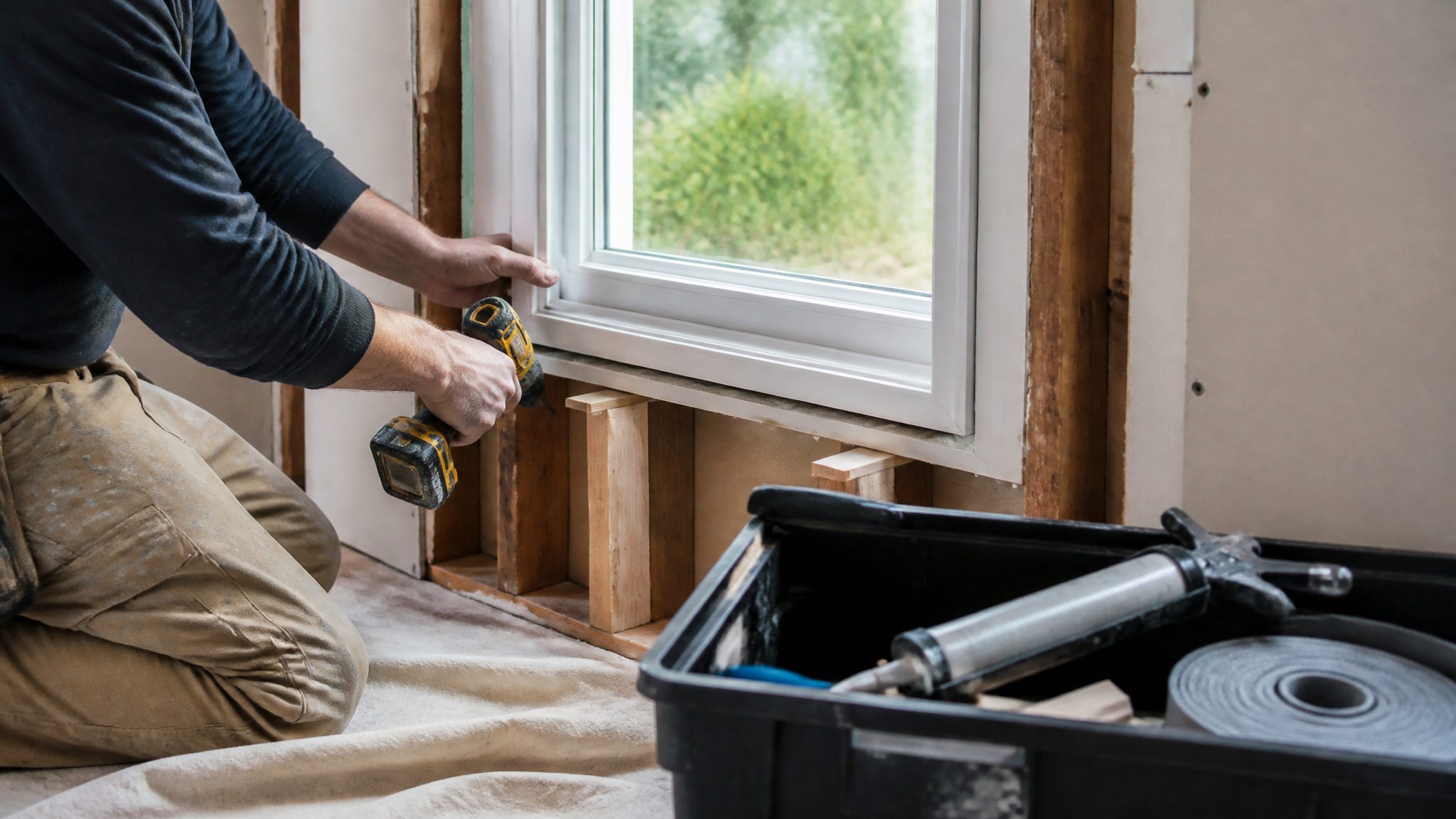 Installer fixing a white uPVC window frame into a timber wall opening with shims and a drill
