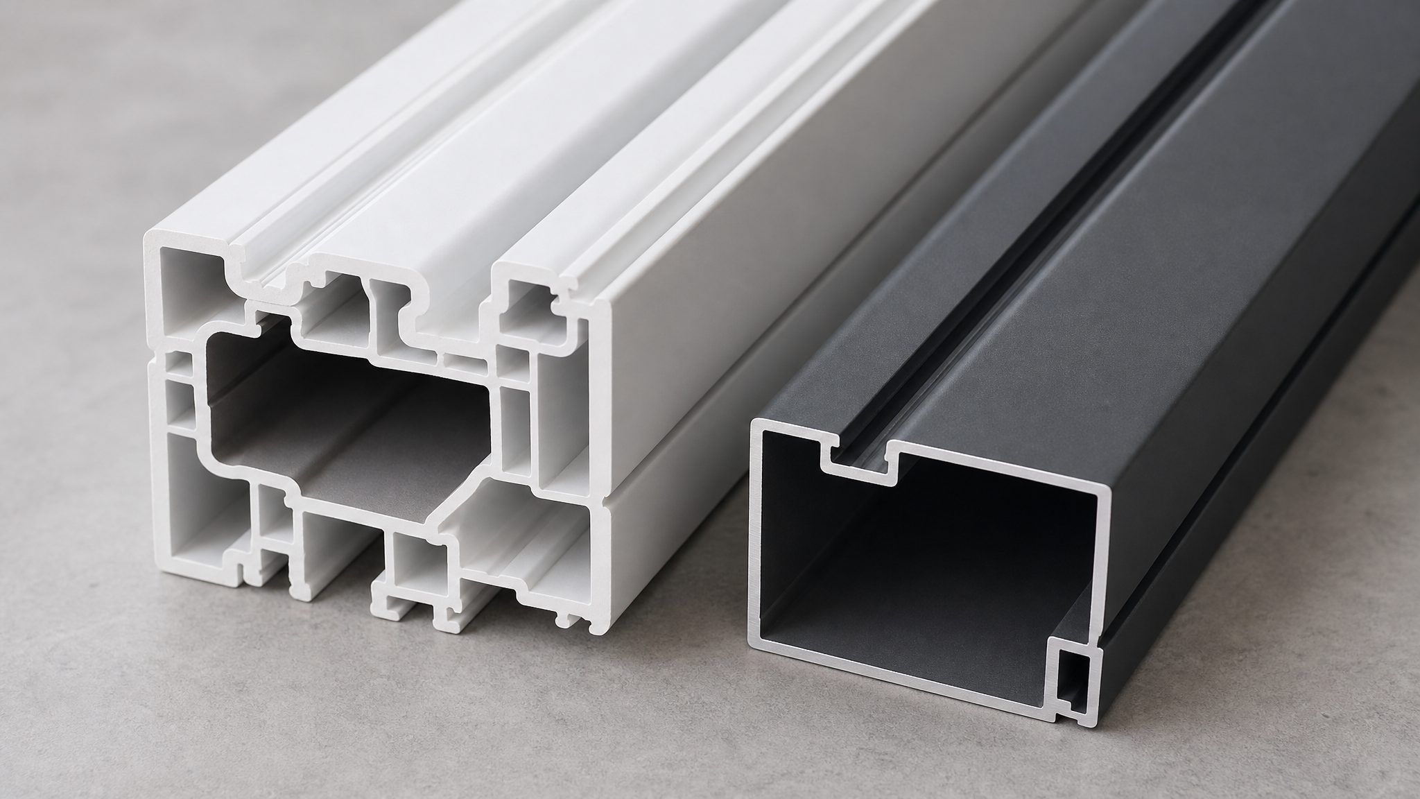 Close-up of a white uPVC multi-chamber profile and a dark grey aluminium profile on a workbench