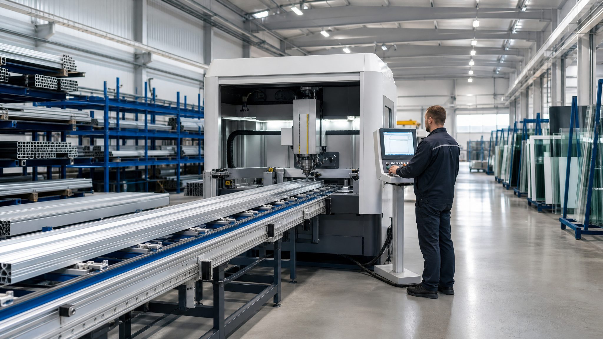 CNC machine cutting aluminium profile extrusions on a factory production line