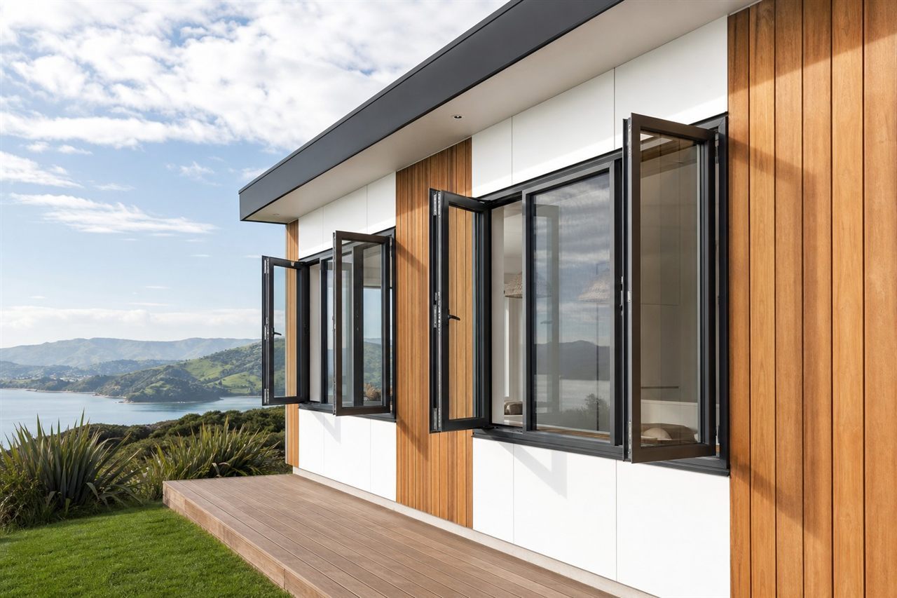 New Zealand hillside home with aluminium casement windows