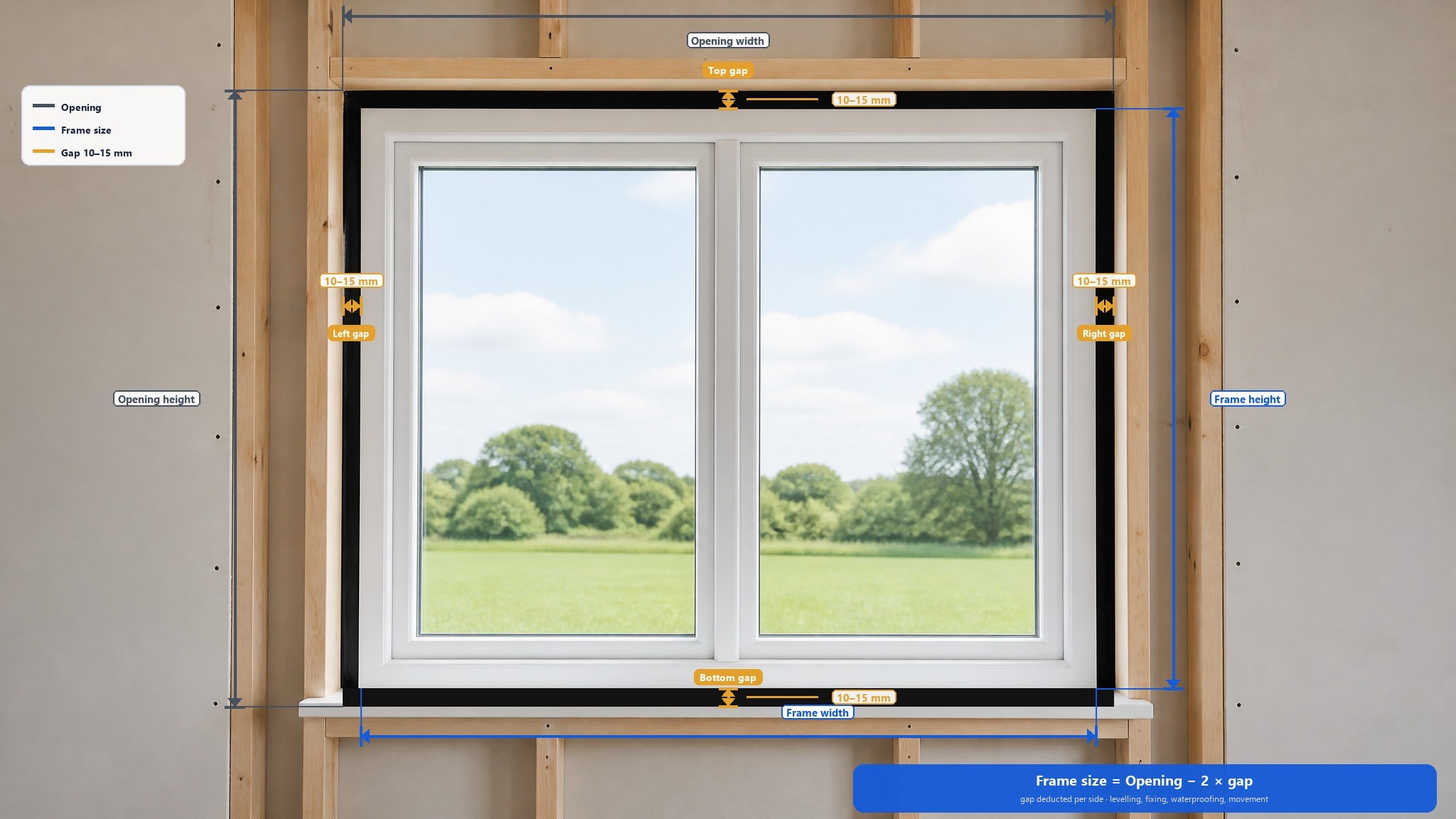 Window opening measurement diagram: opening size, frame size and 10-15 mm installation gap on every side