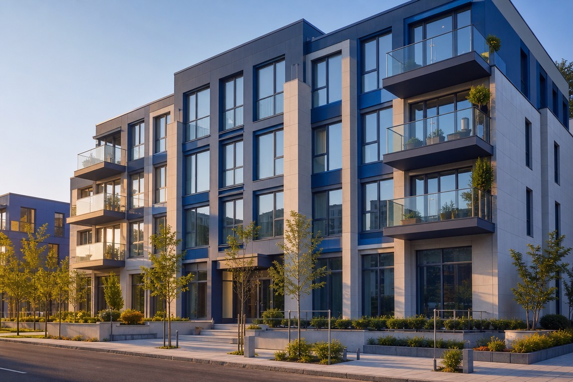 Modern apartment building with aluminium tilt and turn windows
