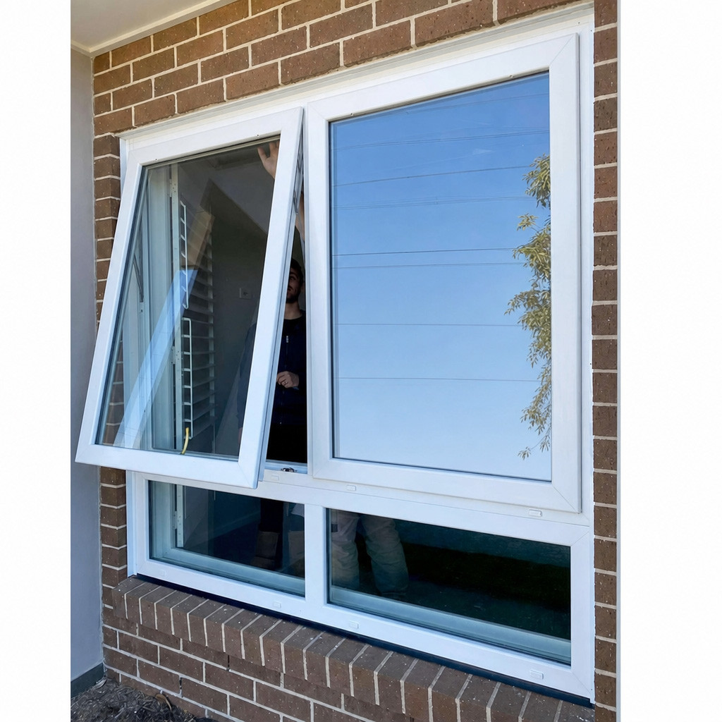 White top-hung uPVC awning window opened outward in a brick wall