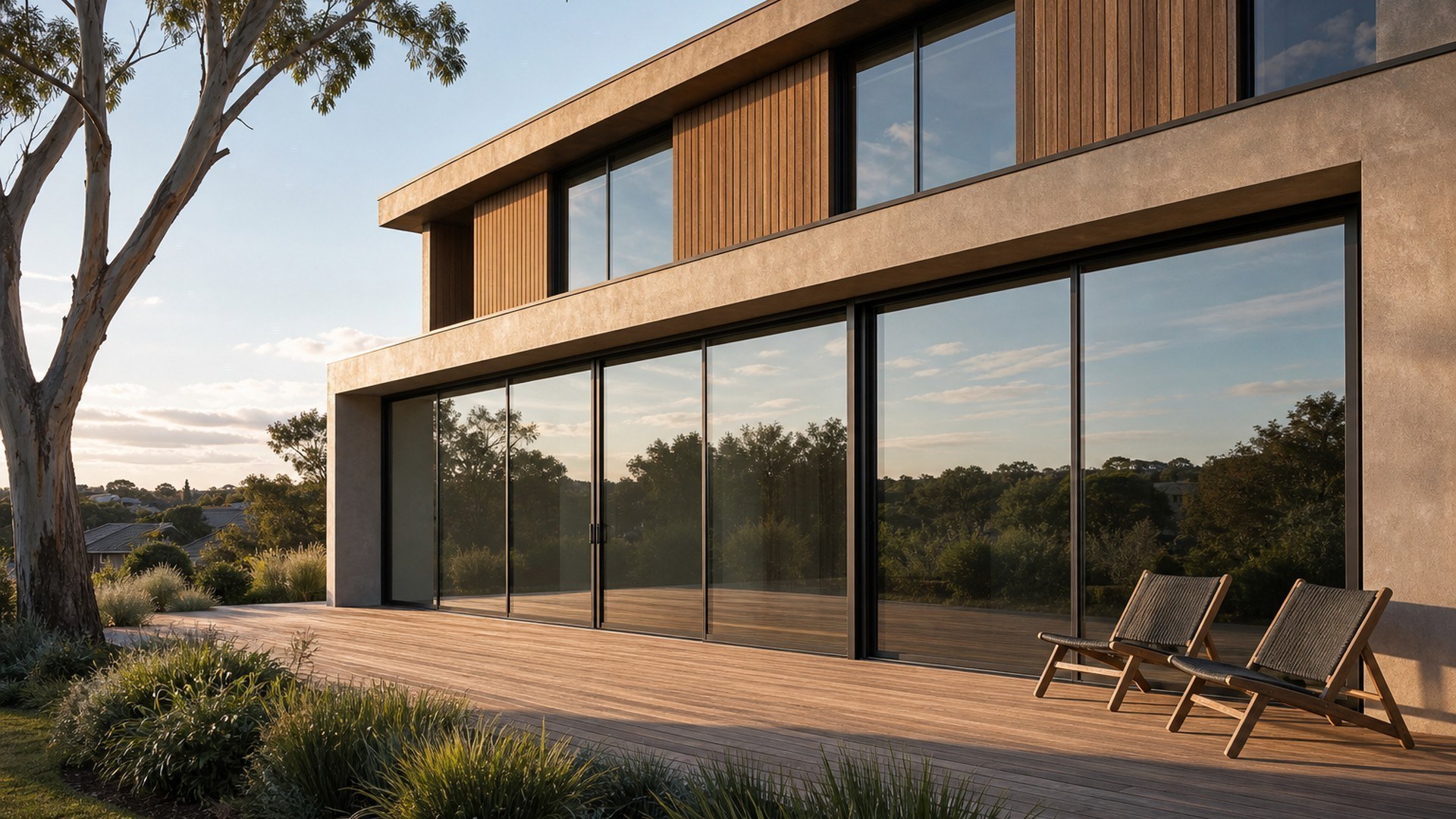 Custom aluminium sliding doors with slim charcoal frames on a modern Australian home facade