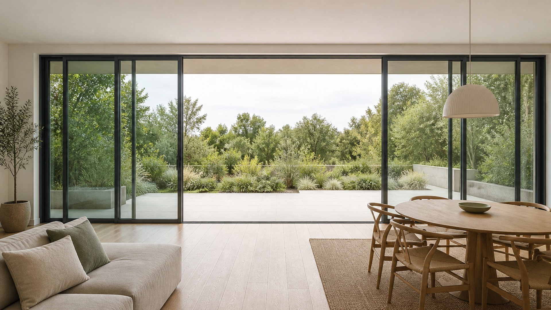 Multi-panel aluminium sliding doors open to a terrace in an open-plan living and dining area