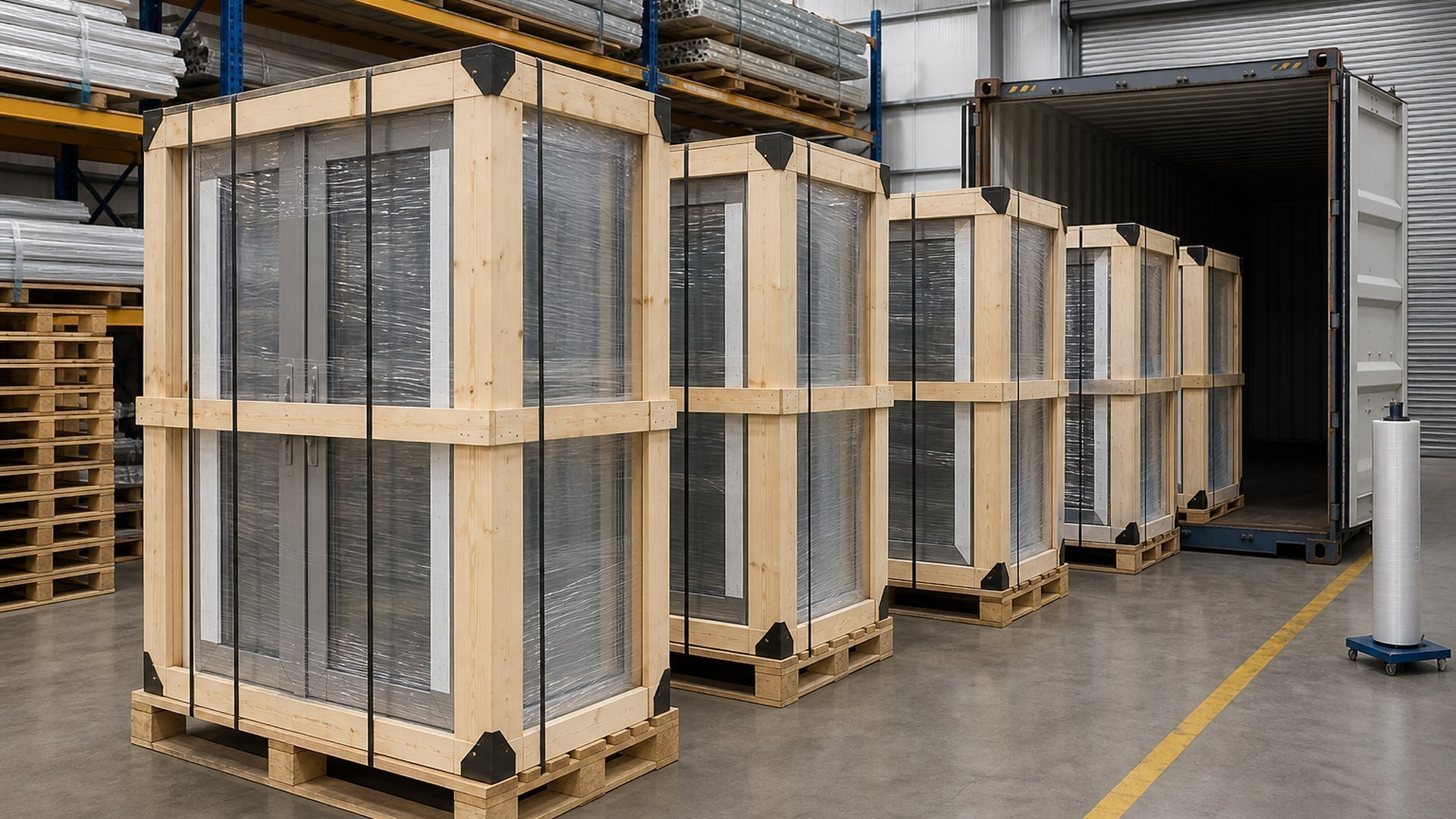 Custom aluminium doors in timber crates on pallets ready for container loading at the factory