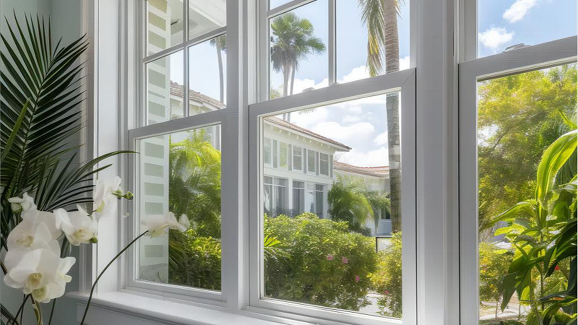 A coastal living space with large installed glazing, the climate where solar gain and wind load both shape the window specification.