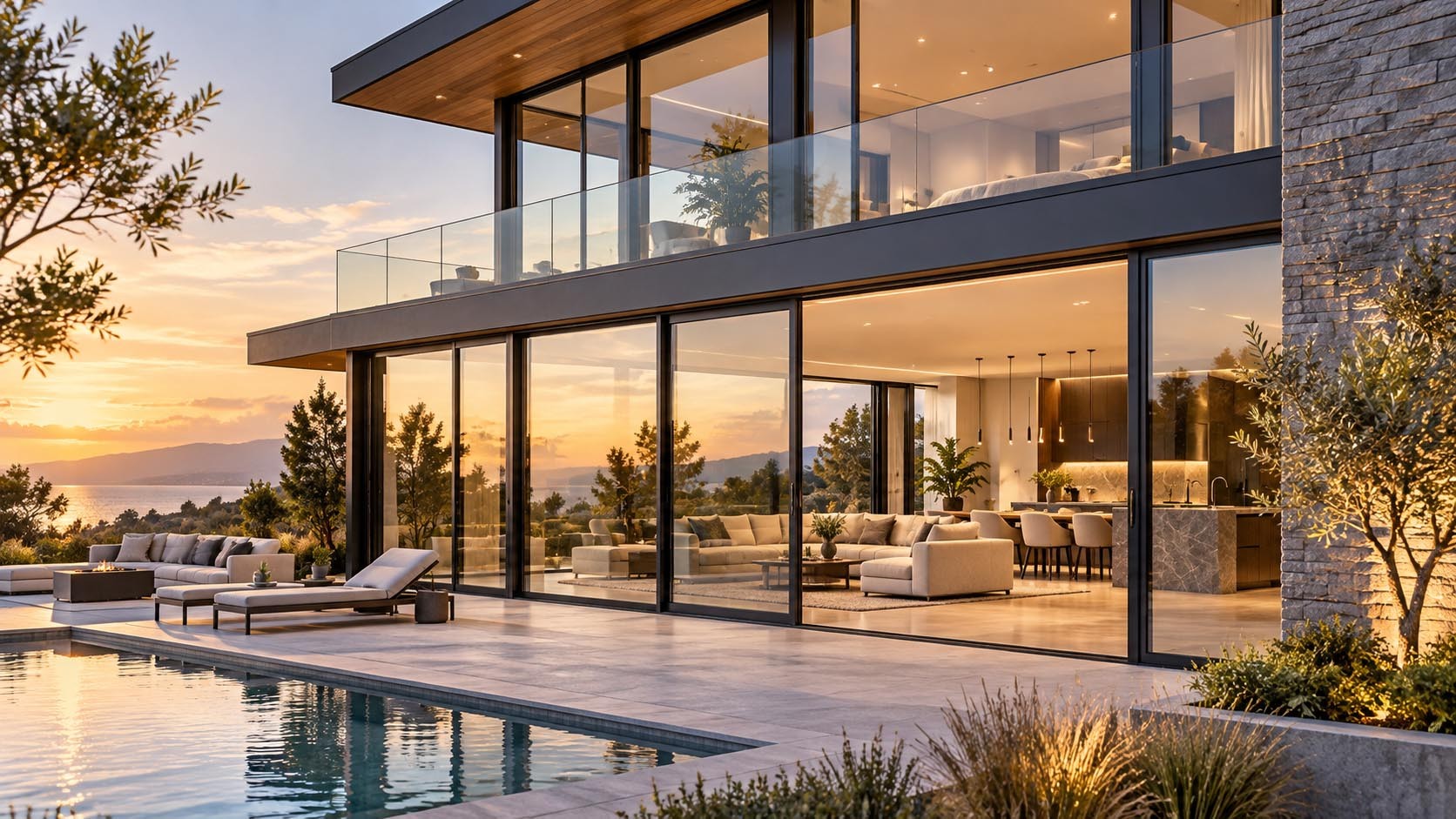 Modern architectural home with high performance energy efficient windows and sliding doors