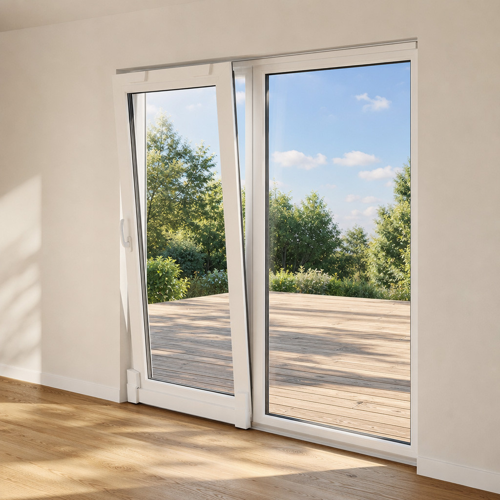 ROPO white uPVC tilt and slide door shown in the tilt ventilation position