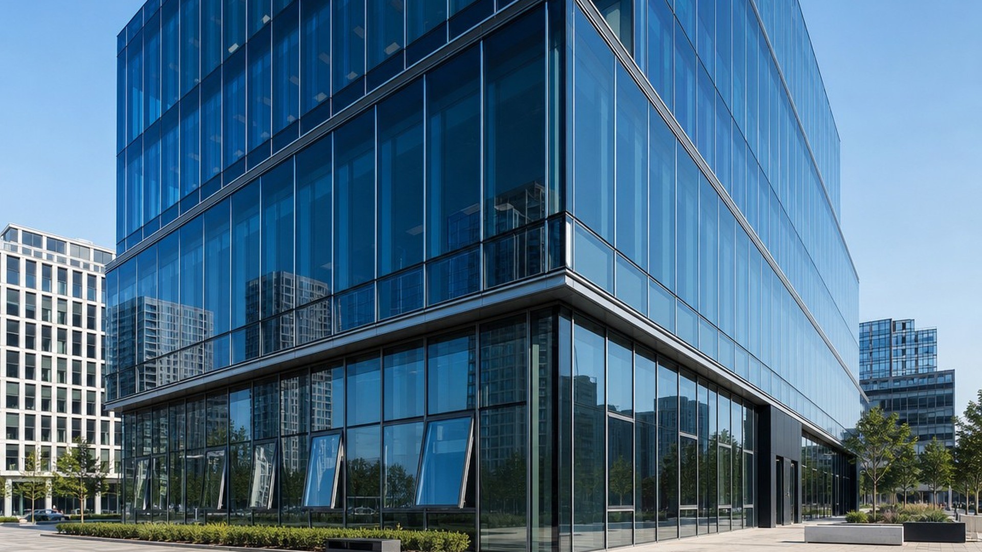 A commercial office elevation in blue glass: the ground-floor sashes stand open off the plane of the curtain wall, the geometry a parallel opening vent has to hold when the facade is fully glazed.