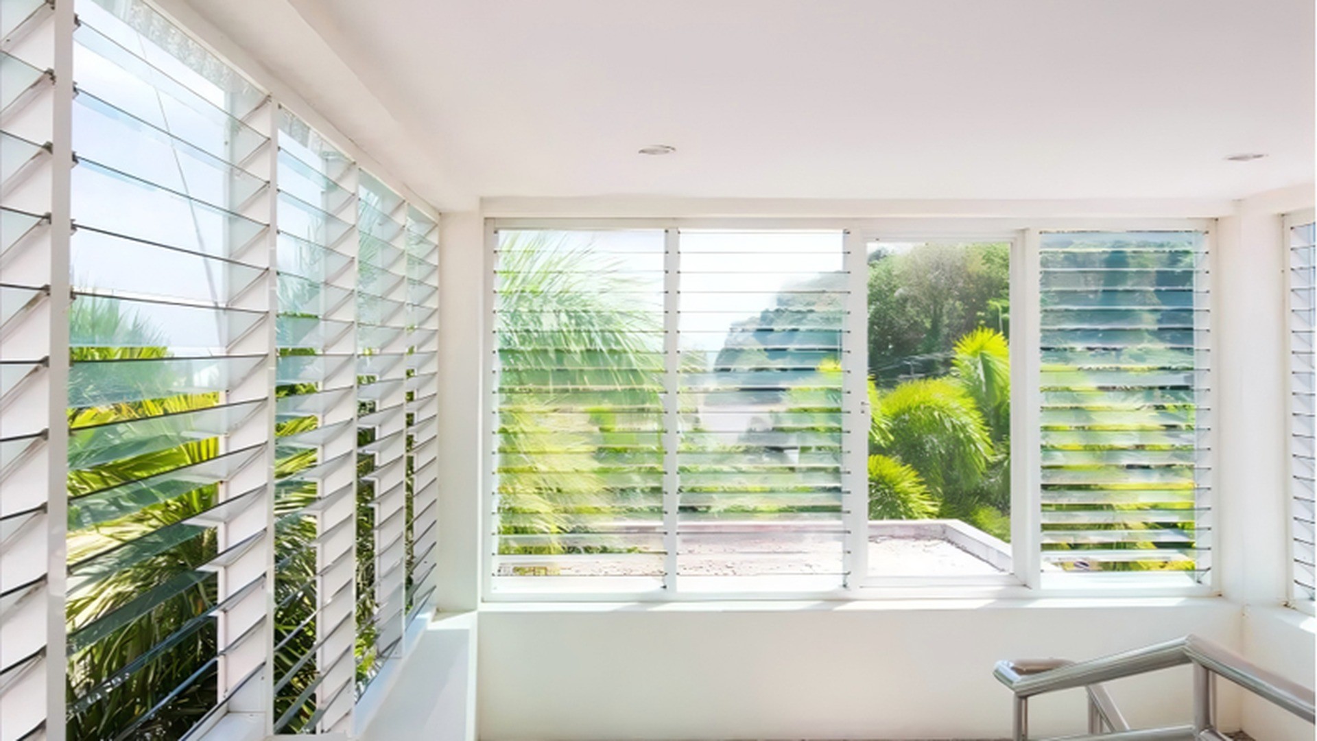 A stair core wrapped in adjustable louver banks: the blades run at a consistent pitch on every face, so the ventilation area is spread over the full height of the space instead of being concentrated in one opening.