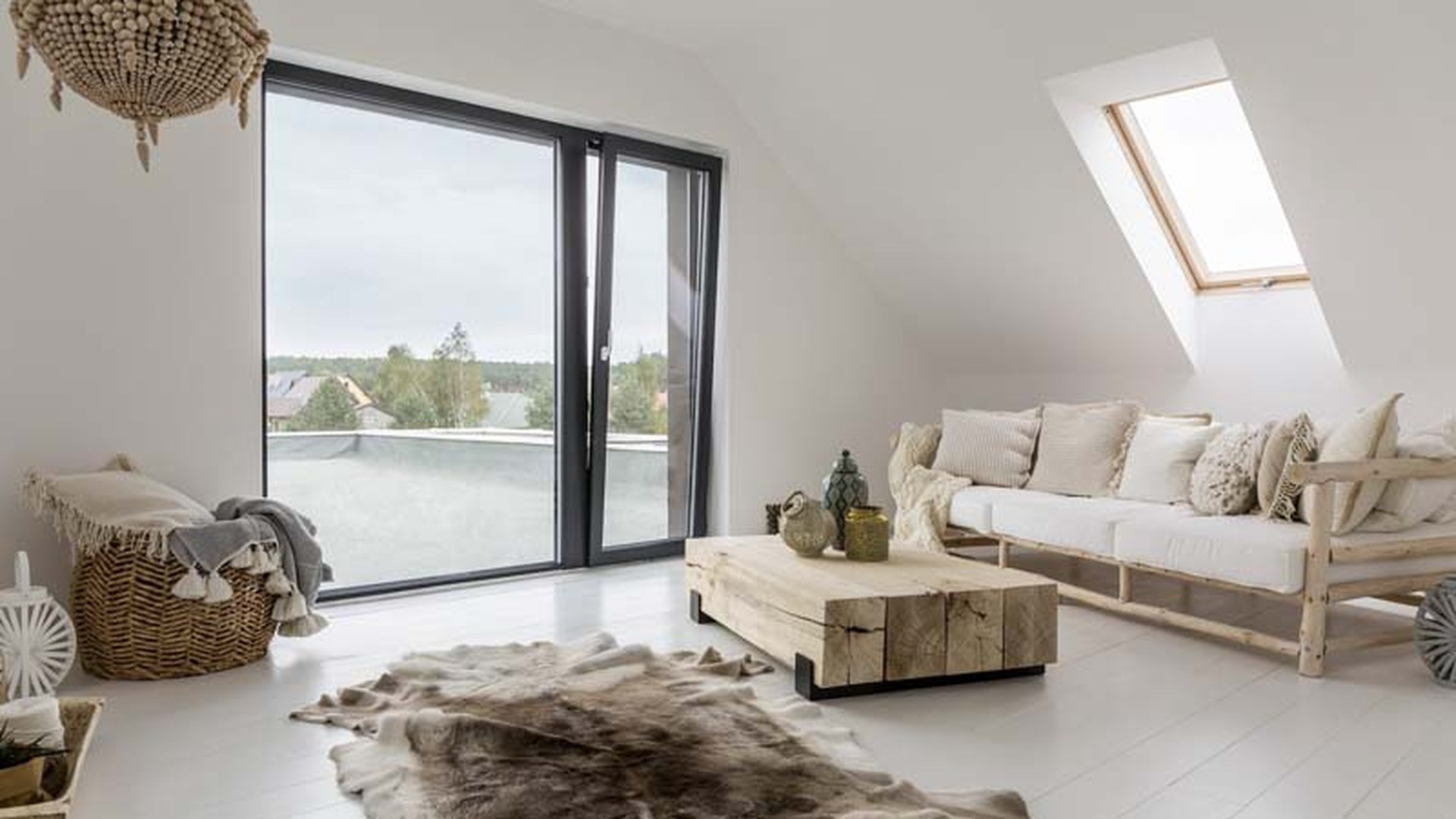 A dual-action door turned open onto a terrace: the clear opening is read at the turned leaf, and the fixed light beside it adds daylight without adding another moving part.