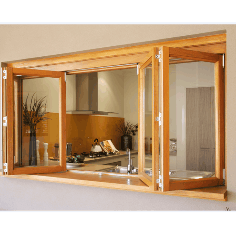 Customized Aluminium Clad Timber Folding Window, Double Glass, Heat Insluation, Soundproof, For Villa, Balcony