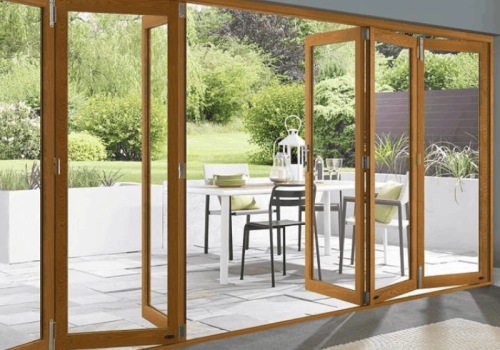 Customized Aluminium Clad Timber Folding Door, Double Glass, Heat Insluation, Soundproof, For Living Room, Villa and Balcony