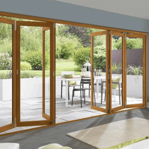 Customized Aluminium Clad Timber Folding Door, Double Glass, Heat Insluation, Soundproof, For Living Room, Villa and Balcony