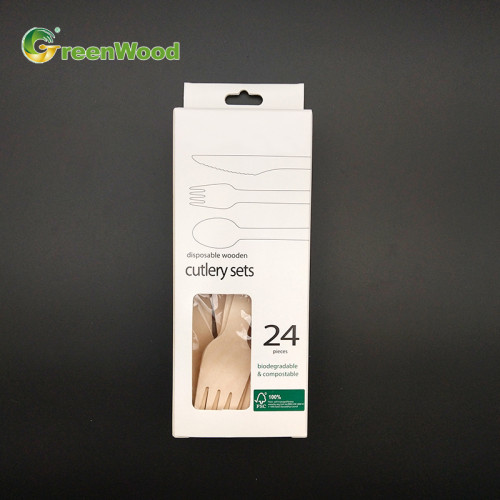 Custom Disposable Wooden Cutlery Sets in Paper Box with Hanger | Compostable Wooden Cutlery