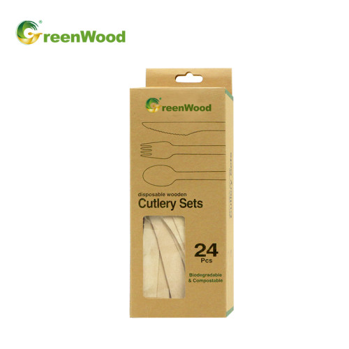 Custom Disposable Wooden Cutlery Sets in Paper Box with Hanger | Compostable Wooden Cutlery