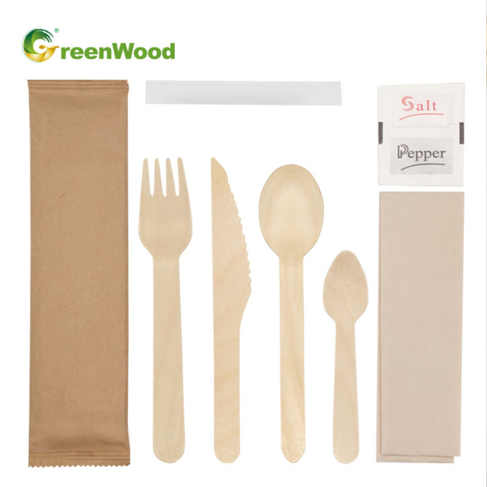 Großhandel biologisch abbaubare Einweg-Holzbesteck-Sets mit Papiertüte | Großhandel mit Bestecksets aus Holz