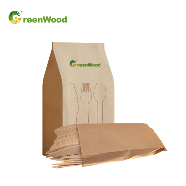Einweg-Bestecksets aus Holz in Papiertüte 100 Stück | Geschirrset aus Holz