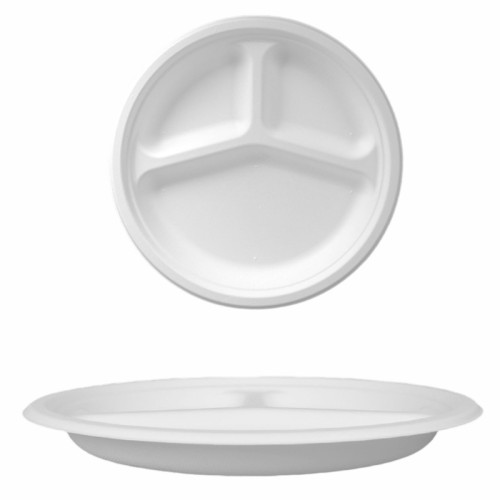 Biodegradable Compostable Sugarcane Bagasse Round Plate 3 Compartment