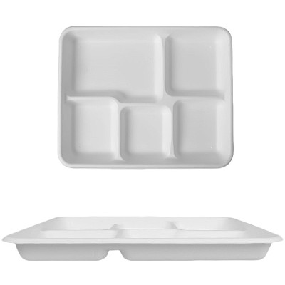 Disposable Compostable Bagasse Square Plates| FIVE-COMPARTMENT LUNCH BOX