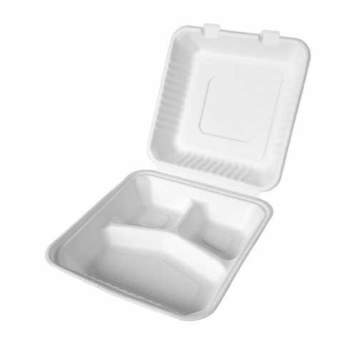 Bagasse Takeaway Clamshell Box with 3 Compartments