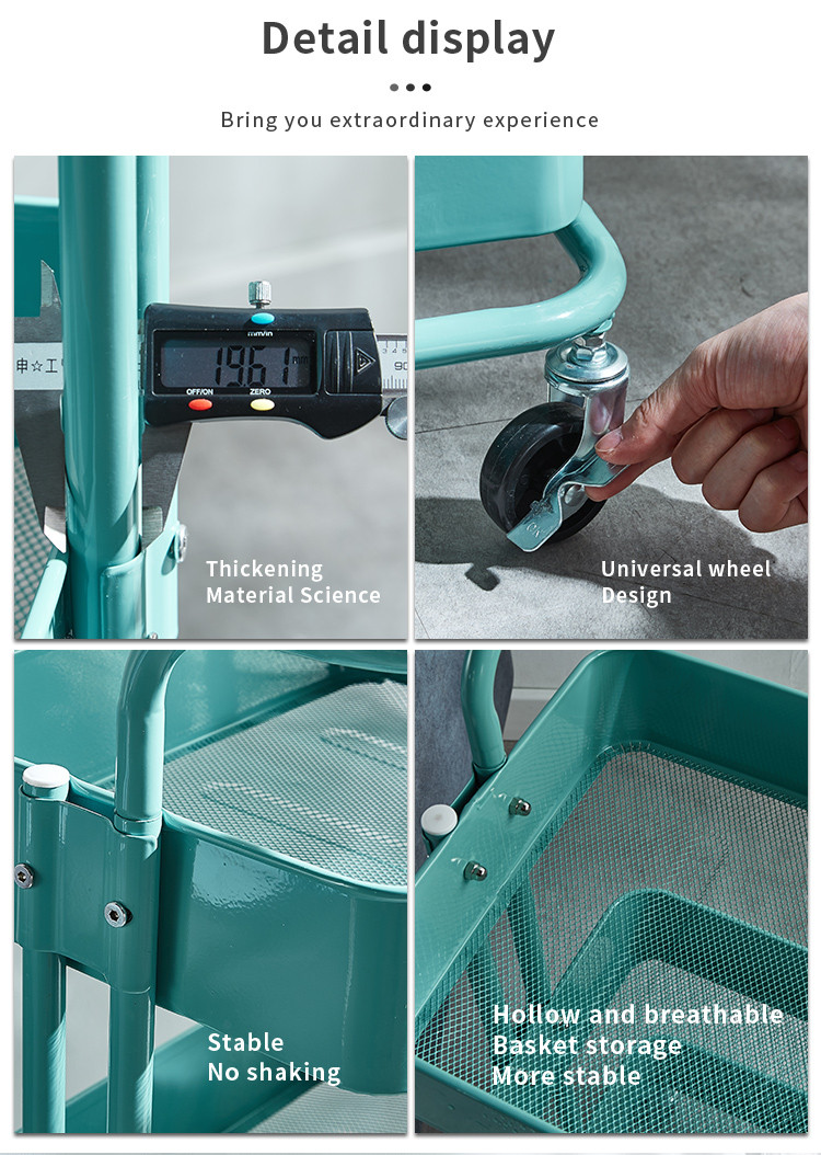 Details of blue kitchen storage trolley cart