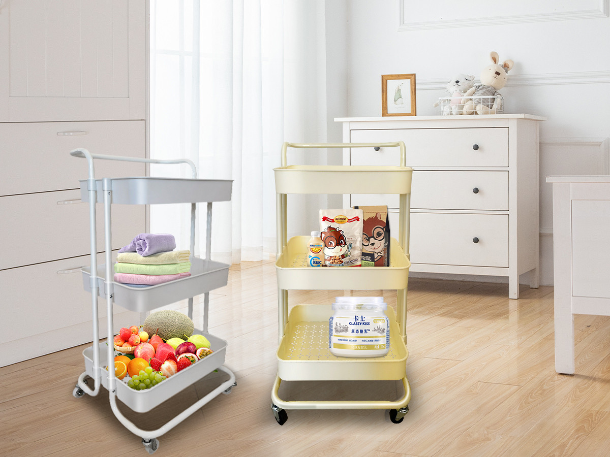 white and beige storage trolley