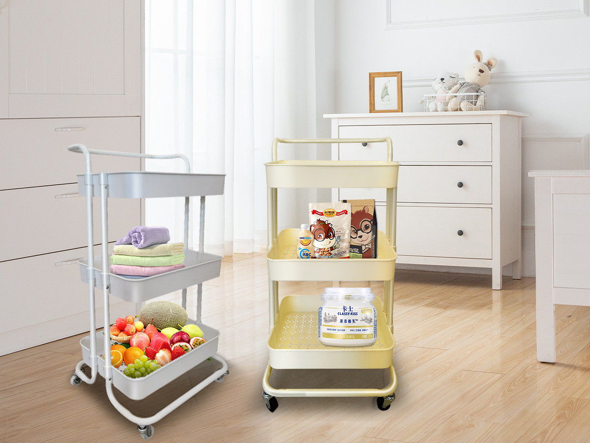 white and beige storage trolley 