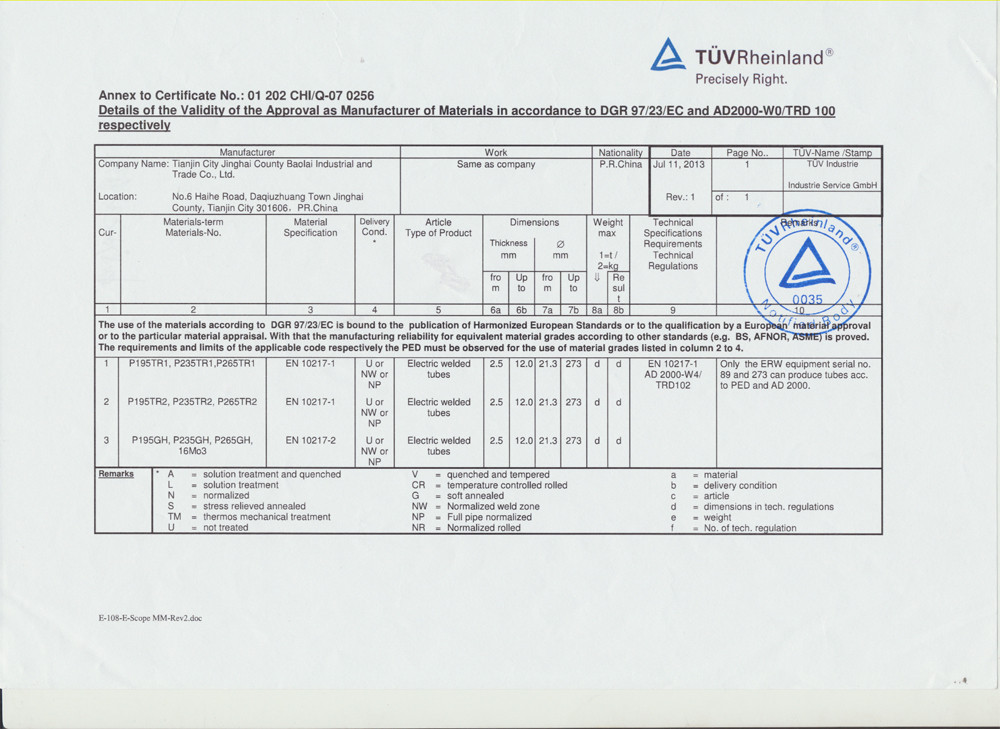 Material EN 10217 según DGR 97/23/EC