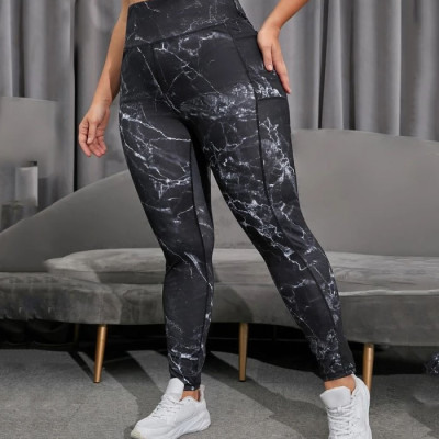 OEM Wholesale Plus Marble Print Wideband Waist Sports Leggings With Phone Pocket