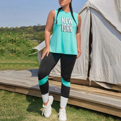 Custom OEM Wholesale Plus Letter Graphic Sports Tank Top & Colorblock Leggings