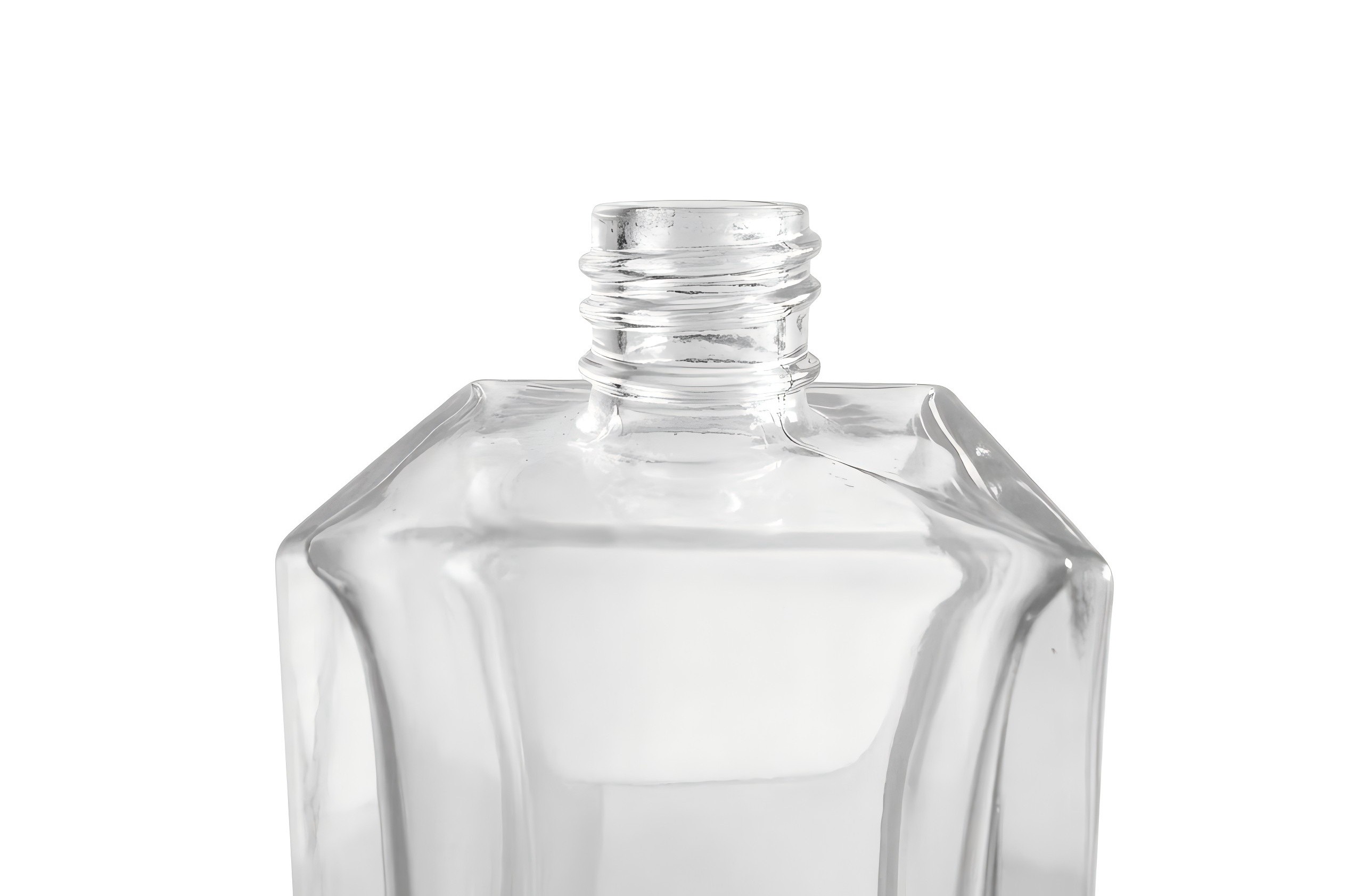 Clear glass perfume bottle showing a raw glass threaded neck finish designed for an 18/415 screw-on pump