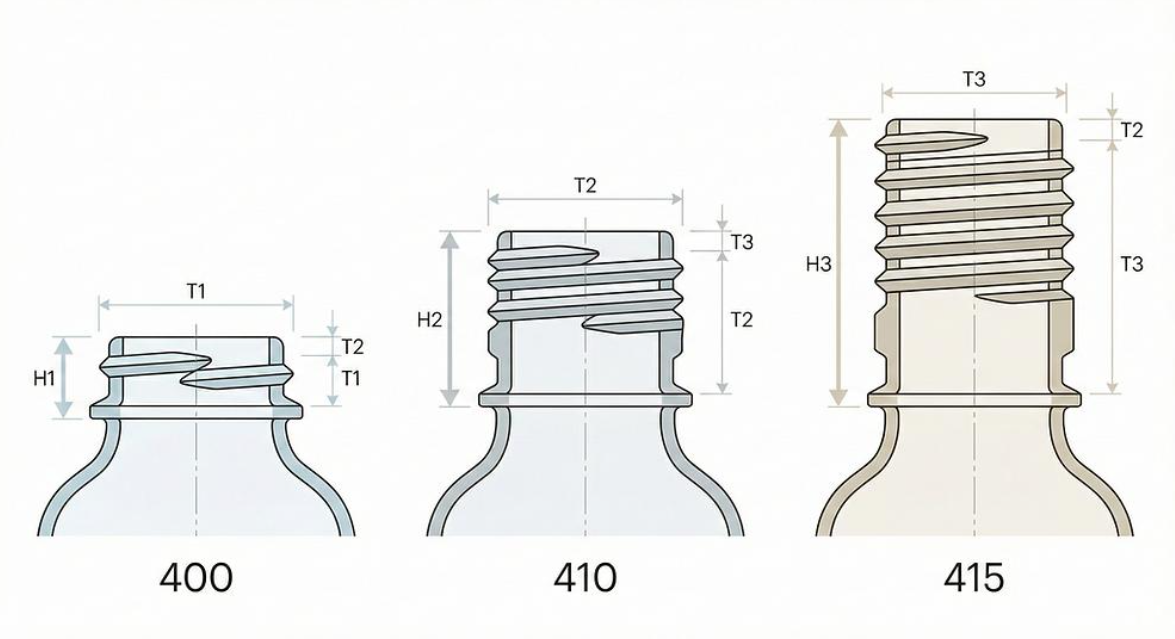 Bottle neck finish comparison: 400, 410, and 415 thread profiles with dimensions