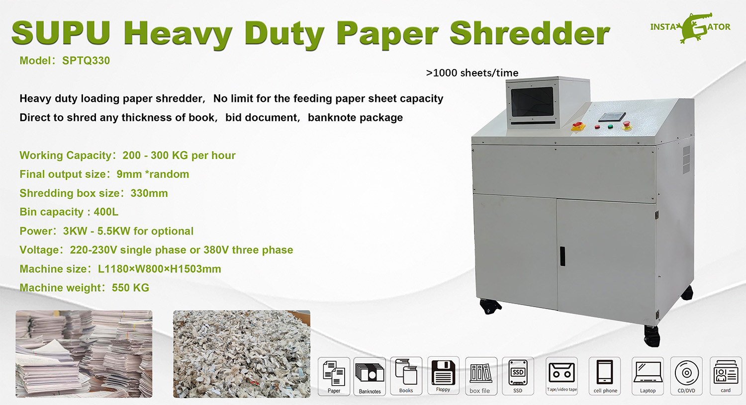 SUPU Heavy Duty Shredding Waste Paper Whole  Bundle Banknotes Files Paper Shredder Machine