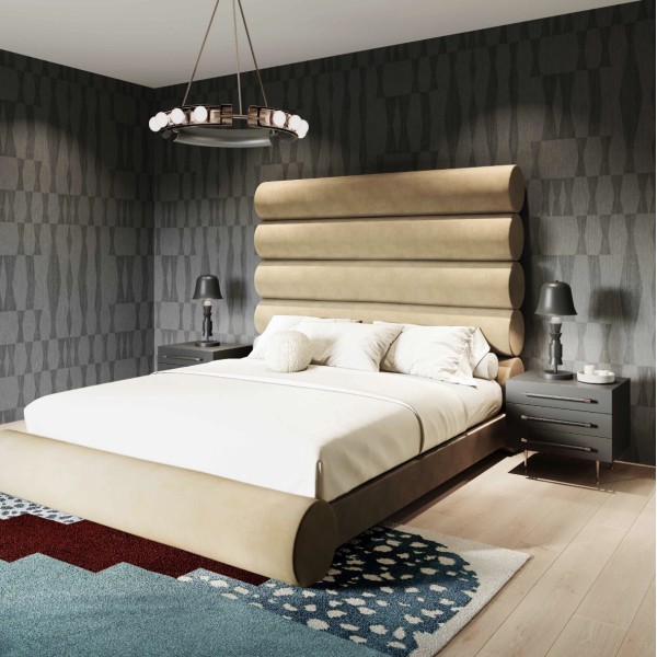 Camas a medida | Cama Durwin de terciopelo champán en tamaño Queen | Muebles de dormitorio | muebles mayorista