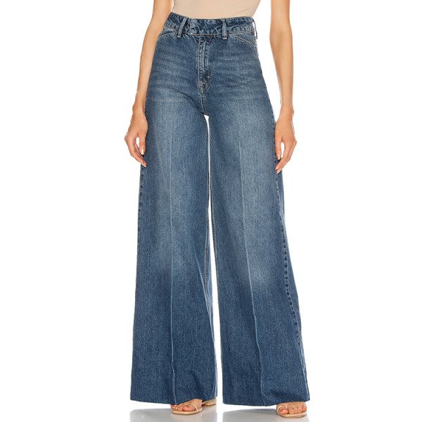 Trendy washed loose fit custom high waist split hem straight leg women's jeans