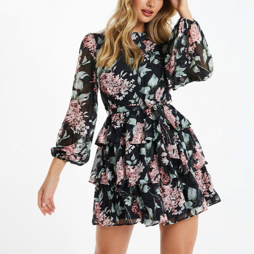 Chiffon wrist sleeve floral tiered mini skater dresses women O-neck tie detail ladies casual dress new arrival summer