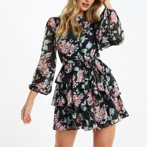 Chiffon wrist sleeve floral tiered mini skater dresses women O-neck tie detail ladies casual new arrival dress summer