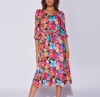 Factory wholesale popular floral half sleeve belt split detail midi dresses women casual custom ladies dress elegant