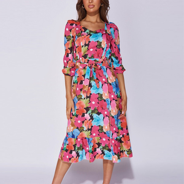 Factory wholesale popular floral half sleeve belt split detail midi dresses women casual custom ladies dress elegant