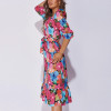 Factory wholesale popular floral half sleeve belt split detail midi dresses women casual custom ladies dress elegant