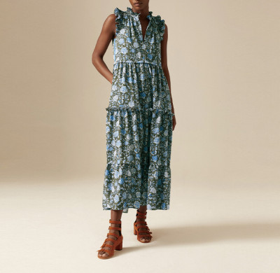 OEM service ruffle sleeveless maxi ladies dress custom floral print pocket detail women casual dresses elegant
