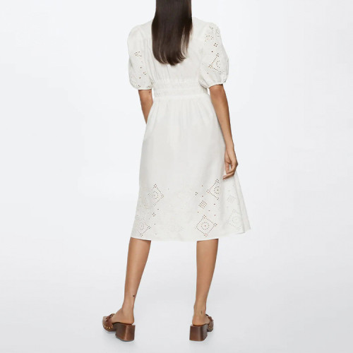 White solid ladies midi dress custom embroidered cotton summer dresses women casual elegant