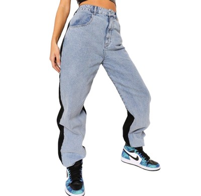 Street wear two-tone color block design straight leg jeans women custom denim pants