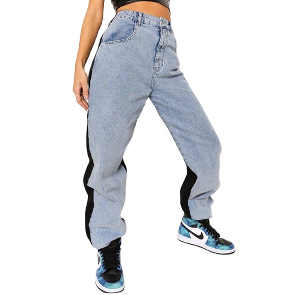 Street wear two-tone color block design straight leg jeans women custom denim pants
