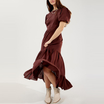 Fashion wholesale women cross back linen midi dress crew neck and puff sleeves