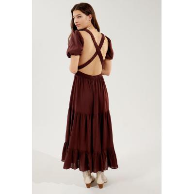 Fashion wholesale women cross back linen midi dress crew neck and puff sleeves